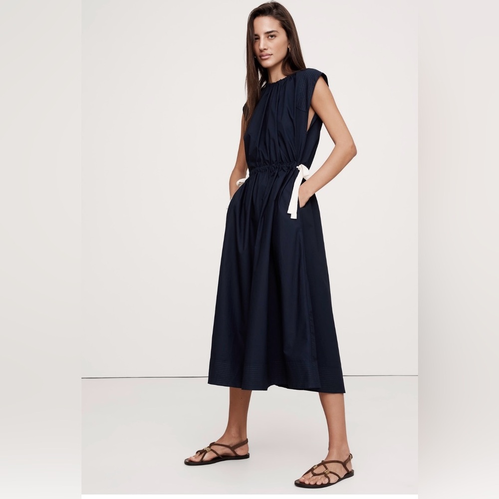 NWOT-Banana Republic Navy Cotton Poplin Tie-Waist Midi Dress,  Large